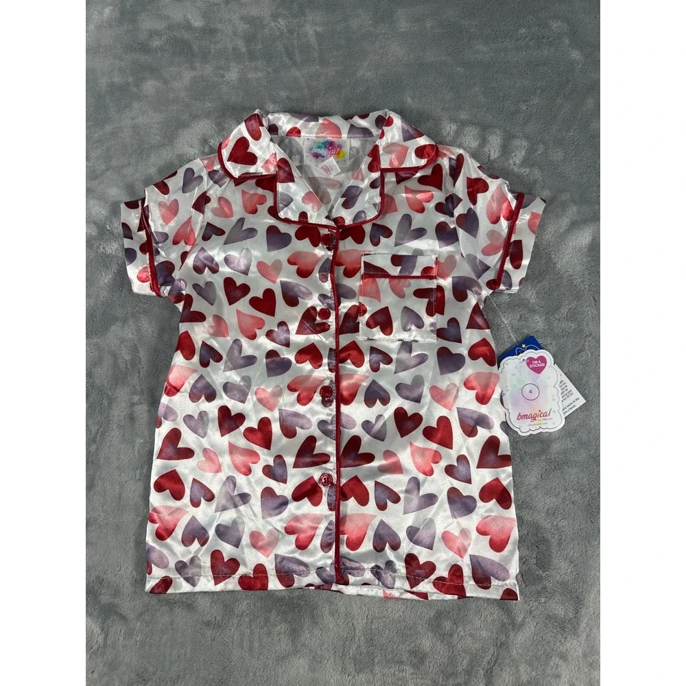 Bmagical by Btween Girls Heart Print Satin Pajama Top Red Pink Purple Size 4 NWT